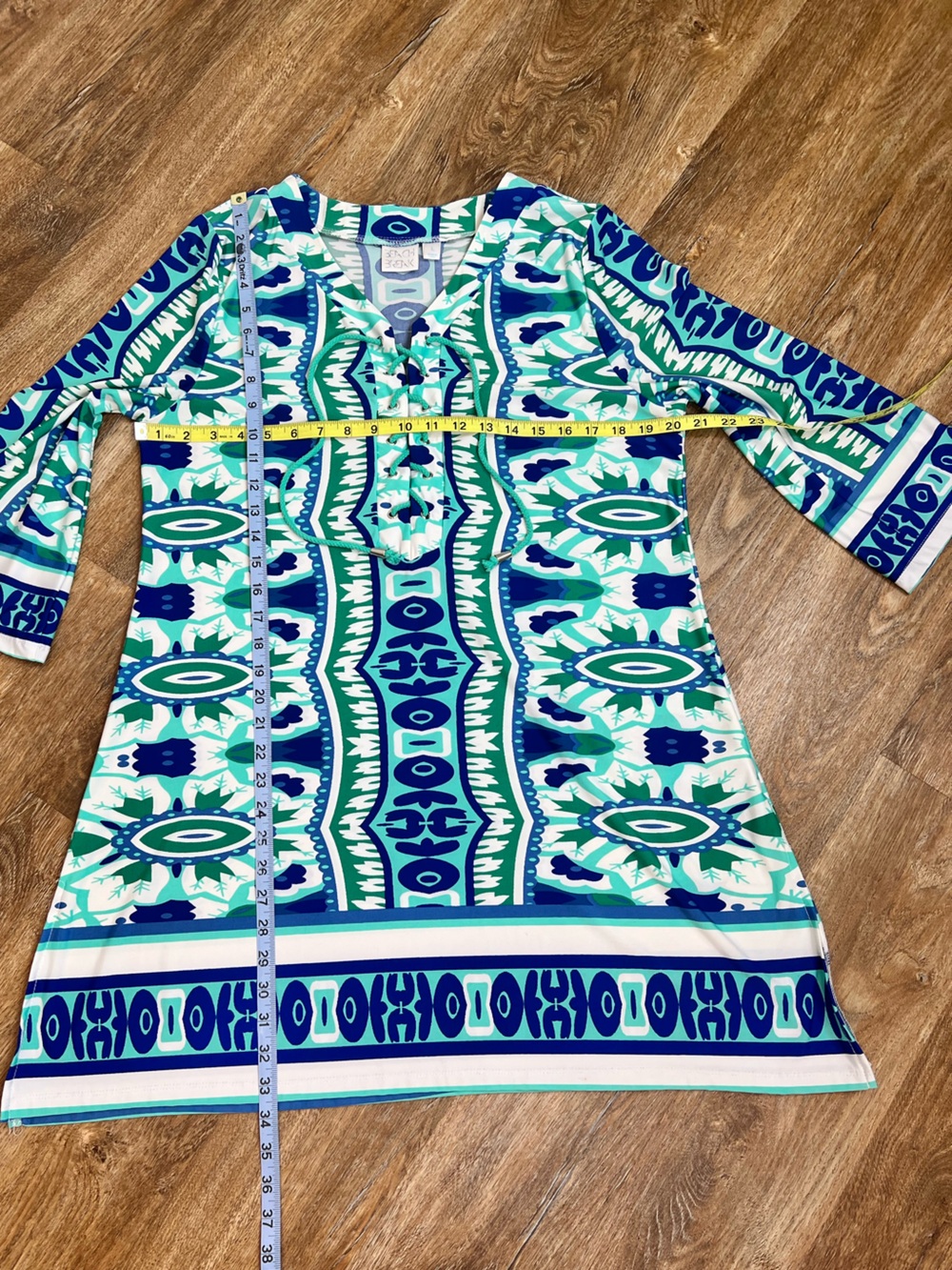 Beach Break Dress Swim Cover Up with Blue & Teal Abstract Print B Neck sz L - Picture 8 of 12